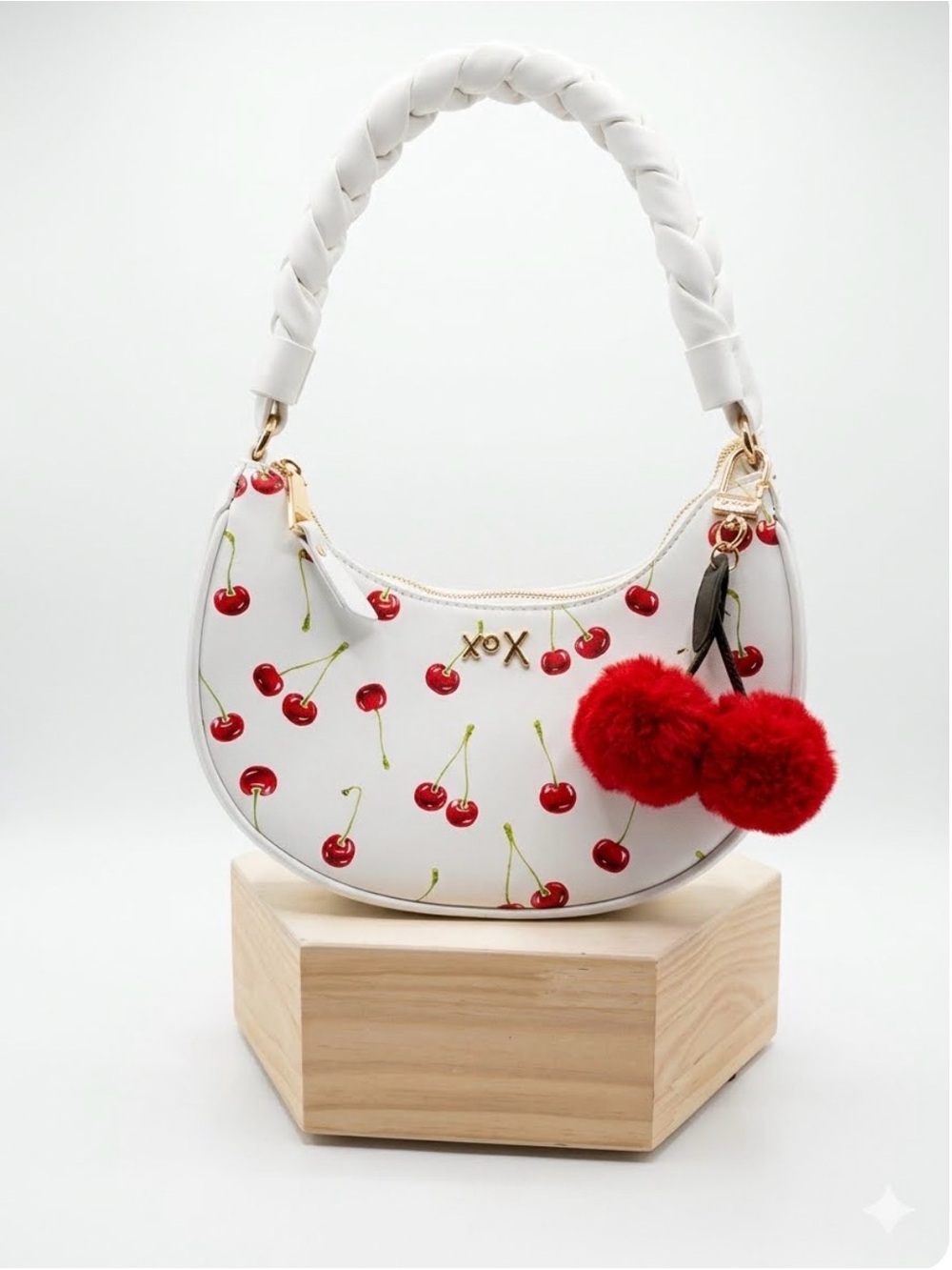 Betsey Johnson White Cherry Crescent Shoulder Bag EUC W/ Fluffy Keychain